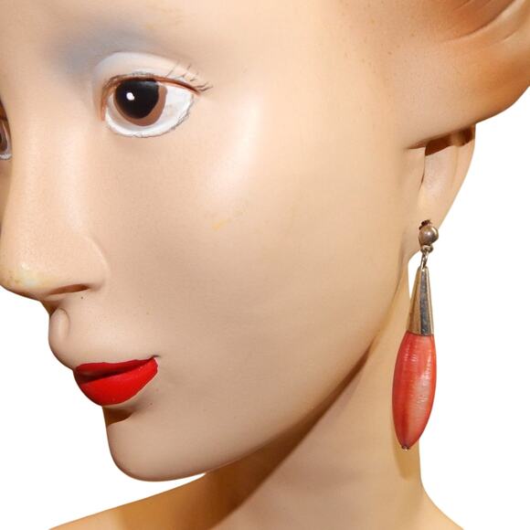 70s Vintage Mod Orange Shell Like Drop Earrings - Picture 3 of 7